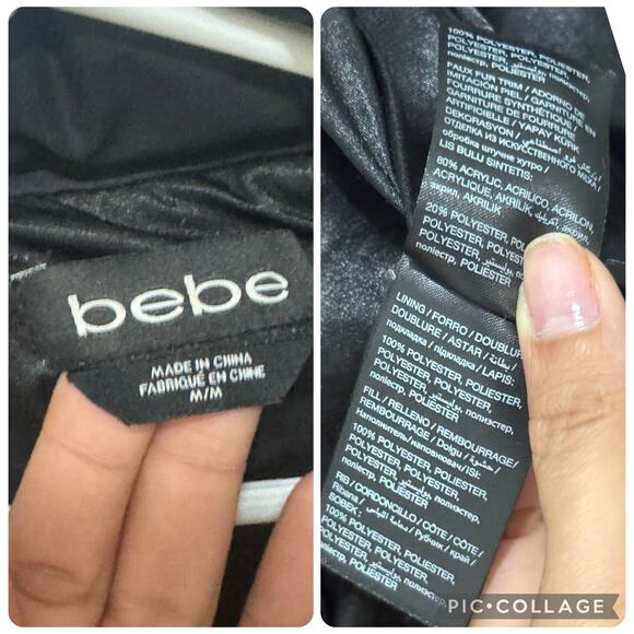 Y2K Bebe size medium black cropped puffer jacket missing fur Rhinestone logo - Picture 8 of 15